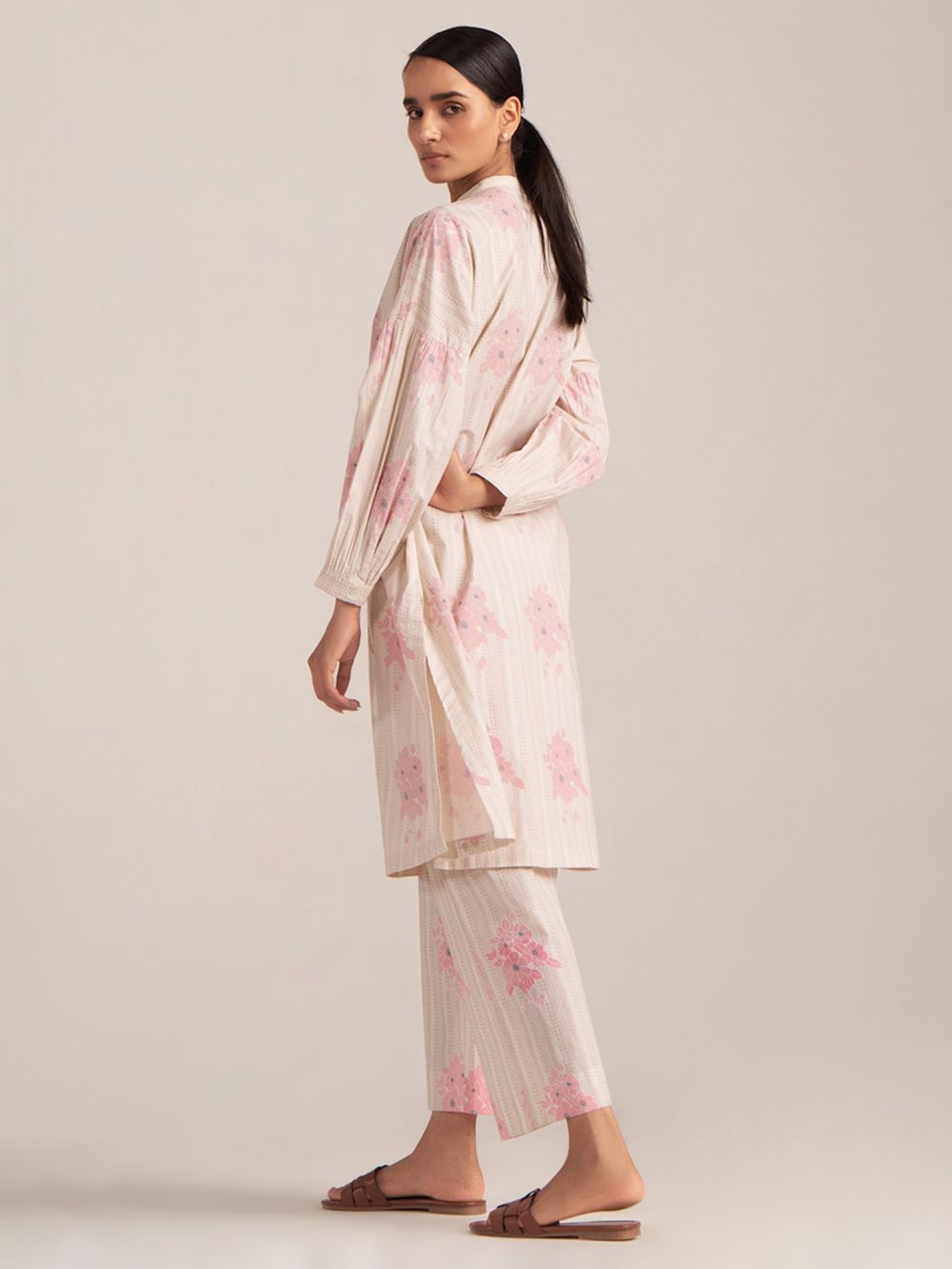 Powder Pink Ivory Printed Cotton Kurta with Pants- Set of 2