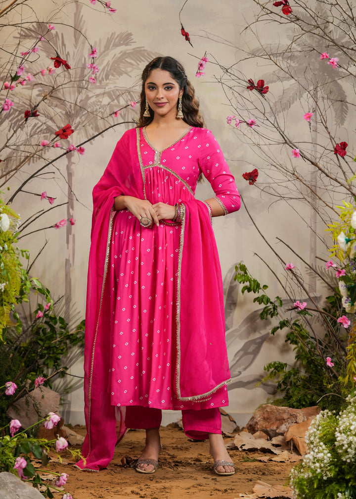 Nisa Pink Bandhej Angrakha Kurti With Pant & Dupatta