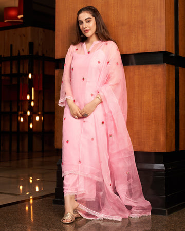 Disha Pink Applique Organza Kurta Set