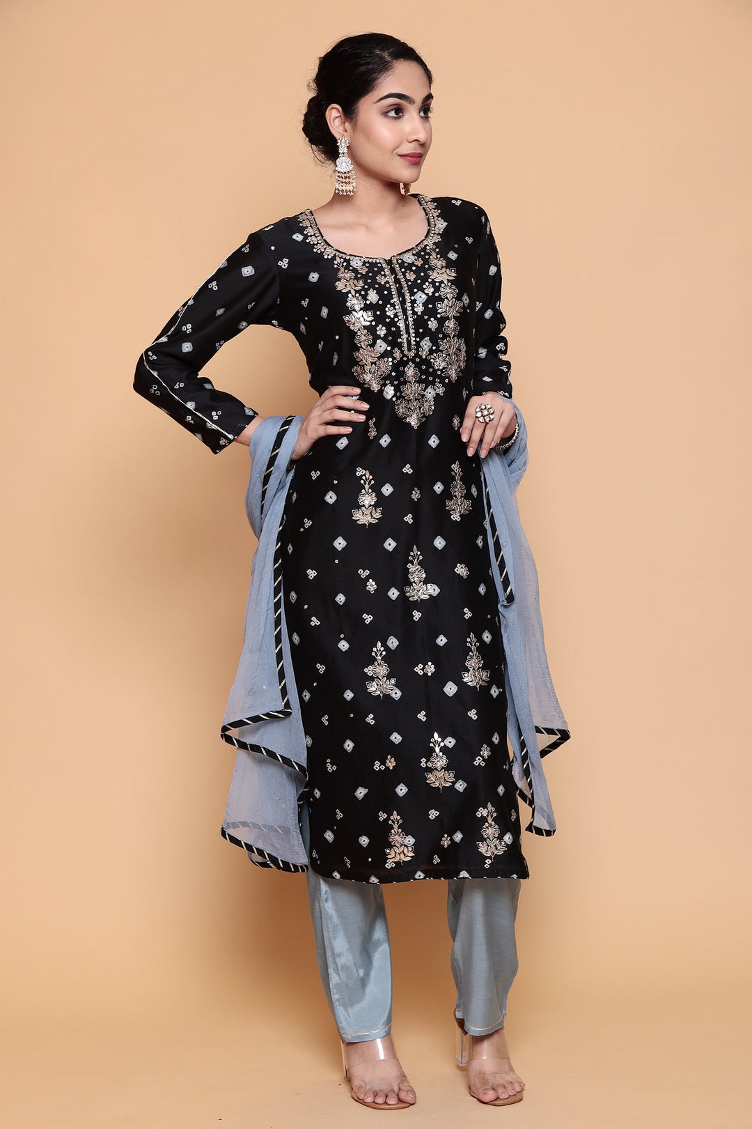 Black Bandhej Silk Suit with Gota Patti and Zardozi work