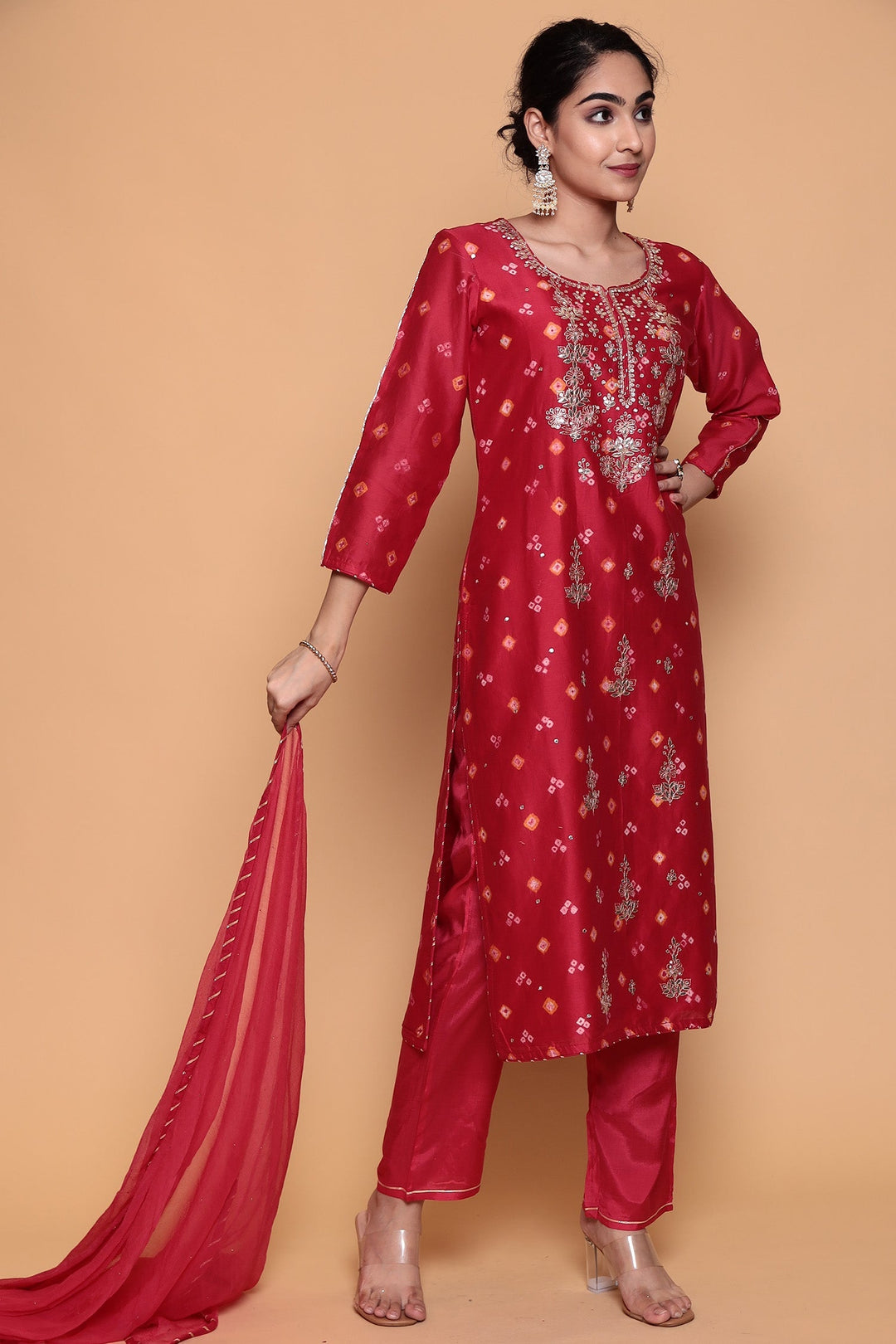 Red Bandhej Silk Suit with Gota Patti and Zardozi work