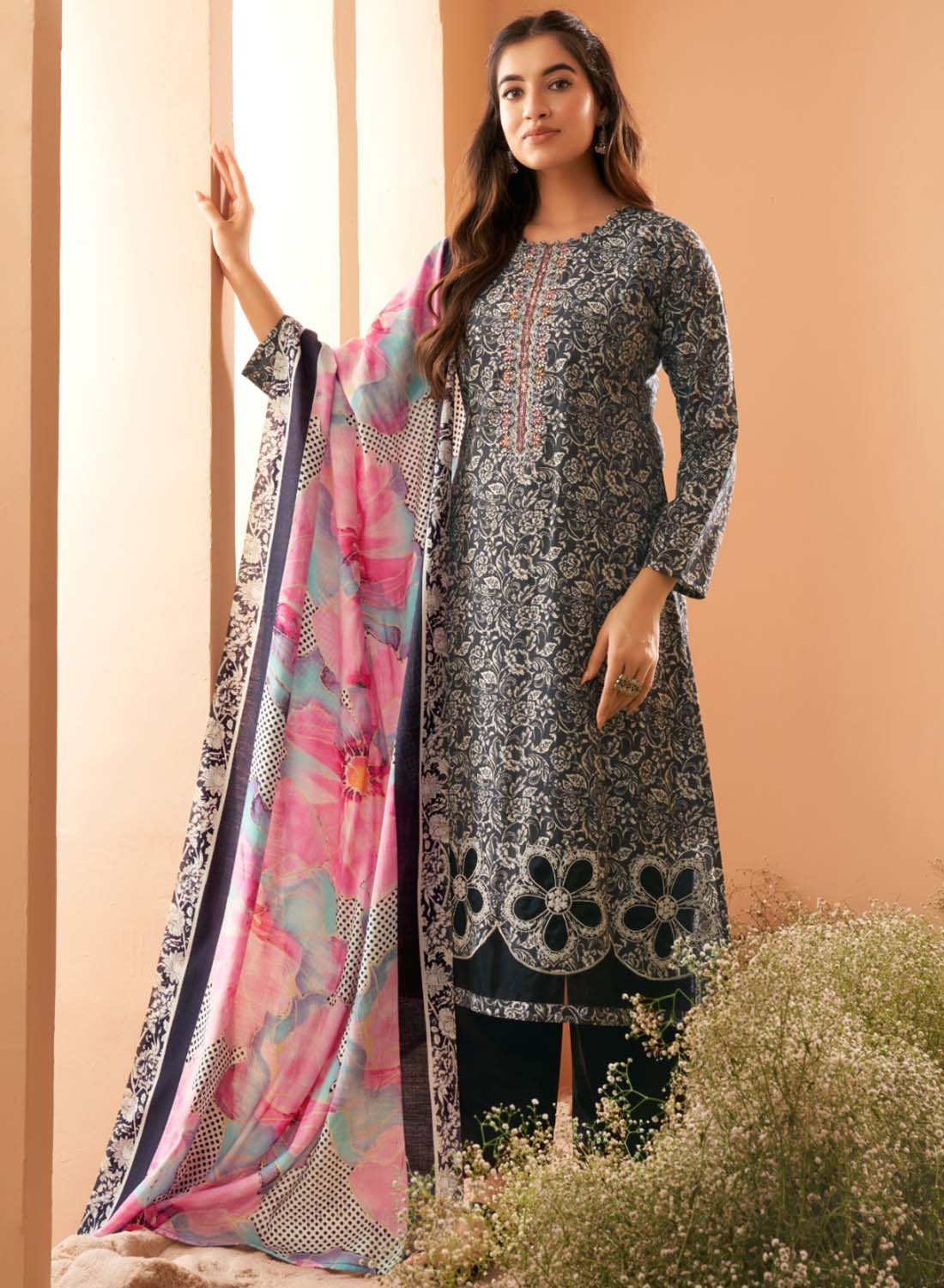 Black Party Wear Pure Muslin Unstitched Suit Dress Material for Women