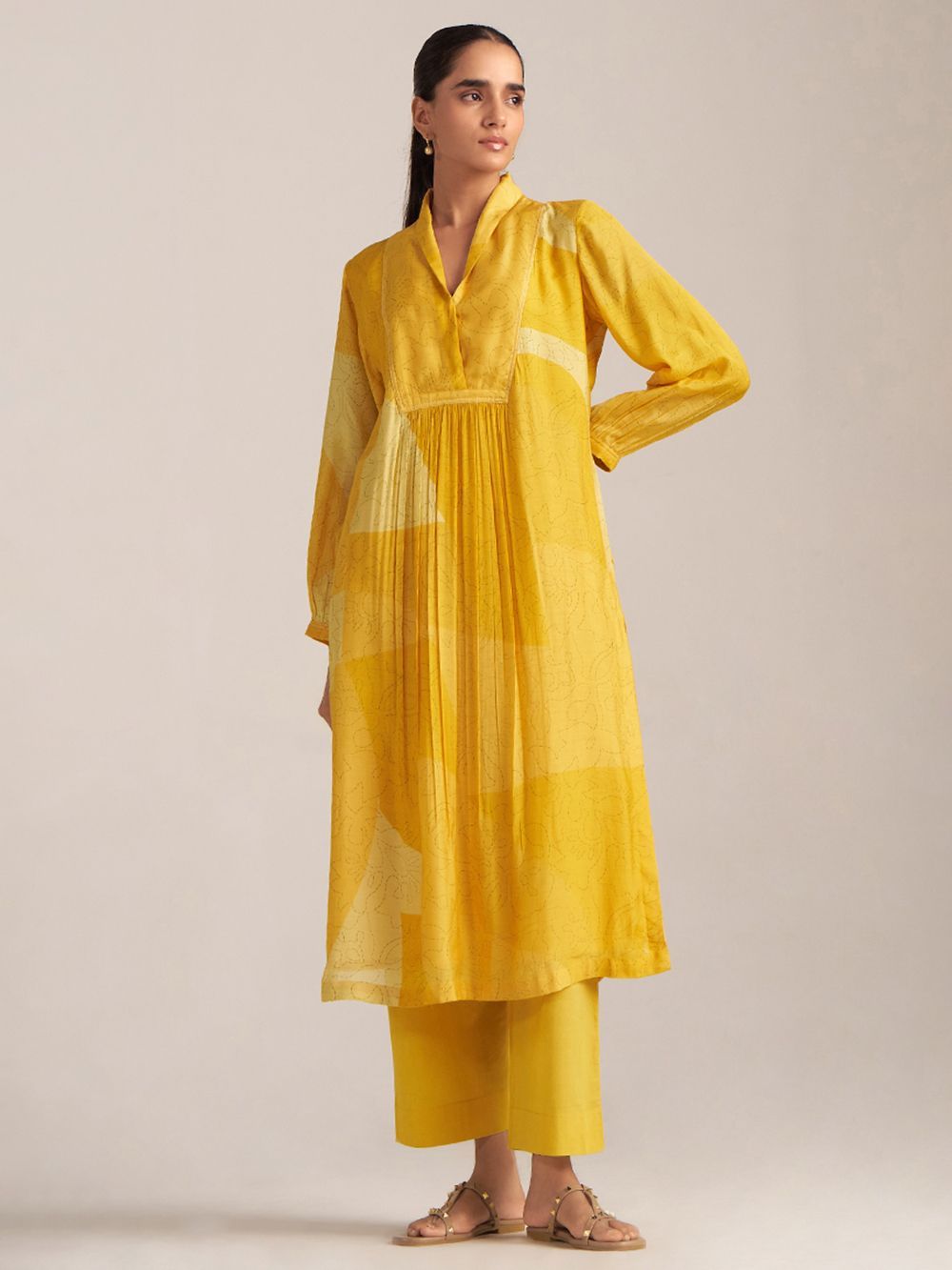 Yellow Printed Bemberg Silk Kurta with Pants- Set of 2