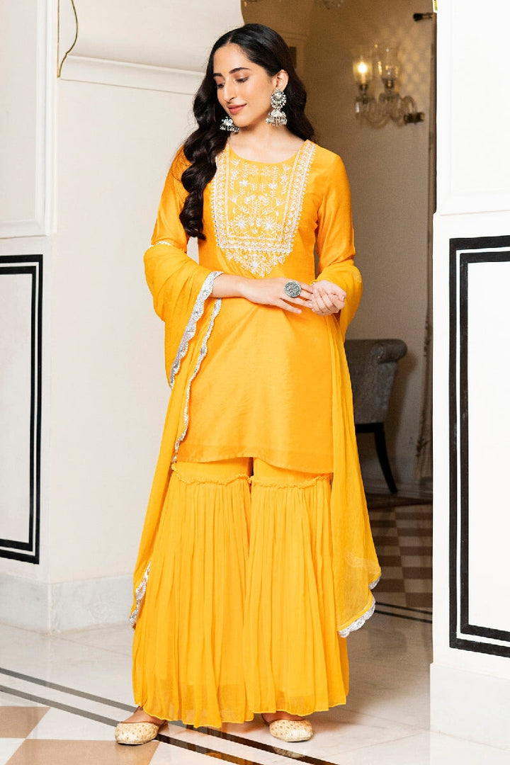 Yellow Printed Silk Suit Set