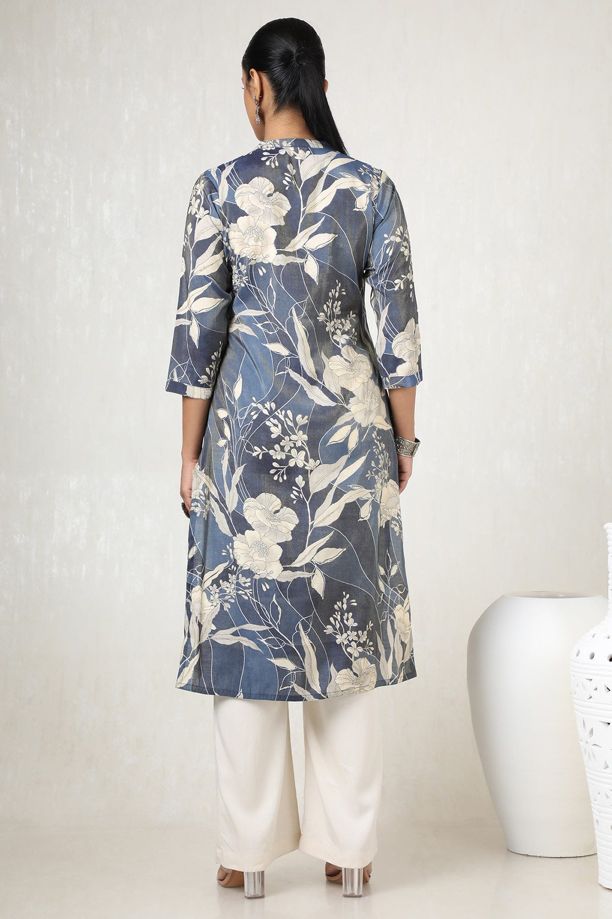 Navy Blue Tissue Floral Print Kurta